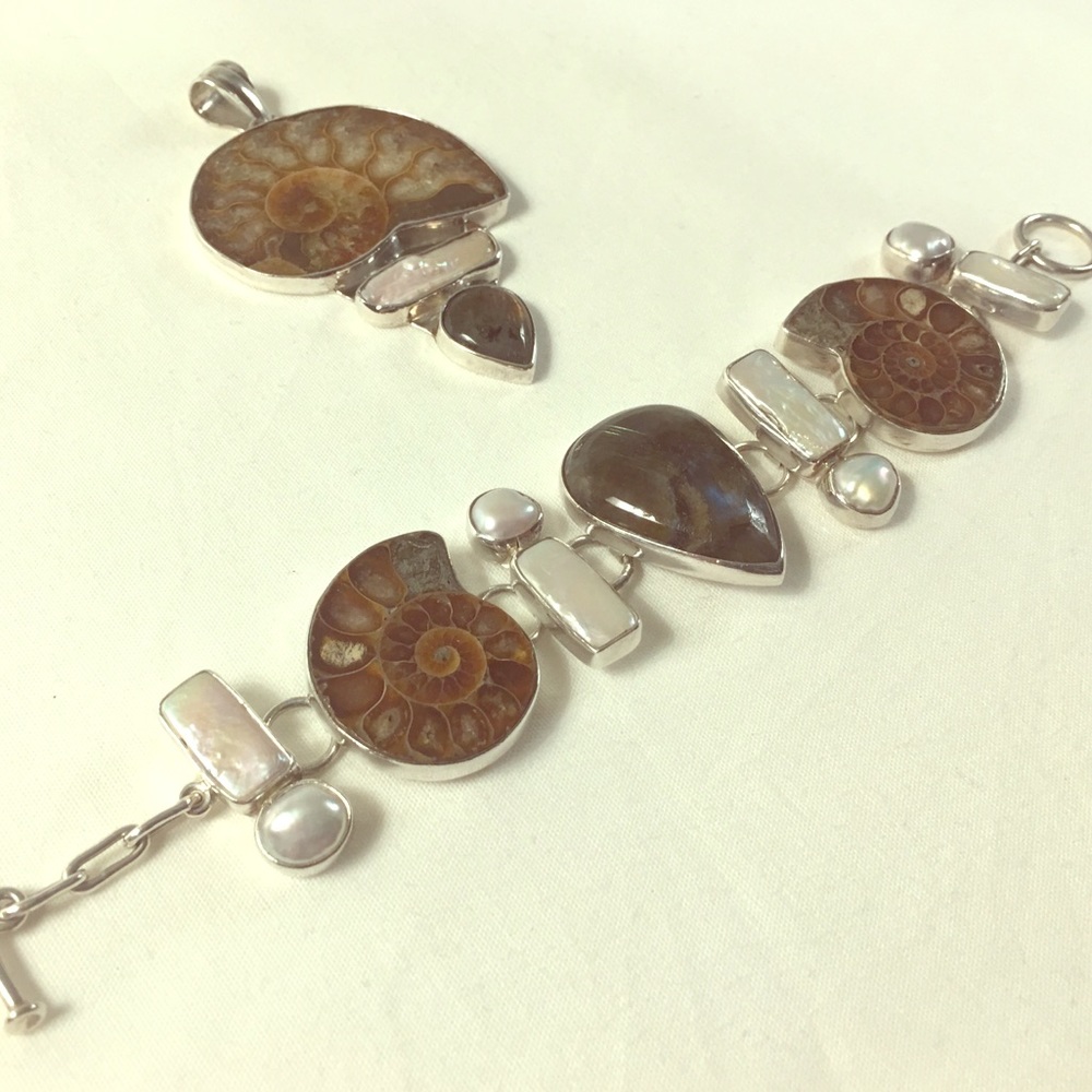 Sterling Silver ammonite, natural pearl and stone